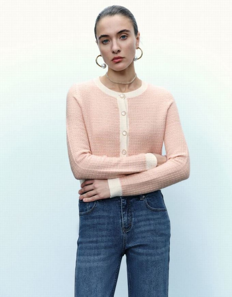 Pink Urban Revivo Knitted With Faux Pearl Buttons Women's Cardigan | 23715ZXWI