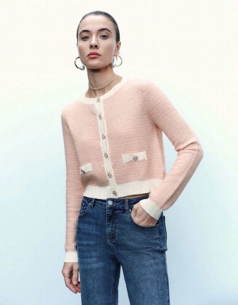 Pink Urban Revivo Knitted With Faux Pearl Buttons Women\'s Cardigan | 23715ZXWI