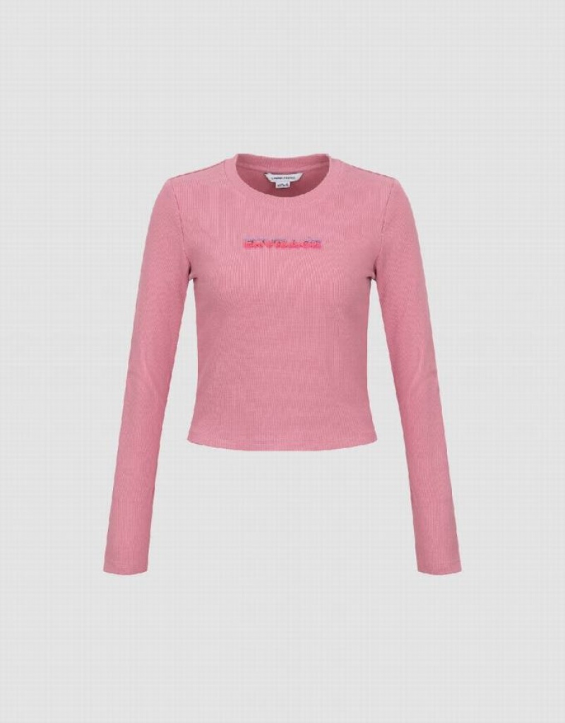 Pink Urban Revivo Letter Embossed Crew Neck Knitted Women's T-Shirts | 23541GWDT