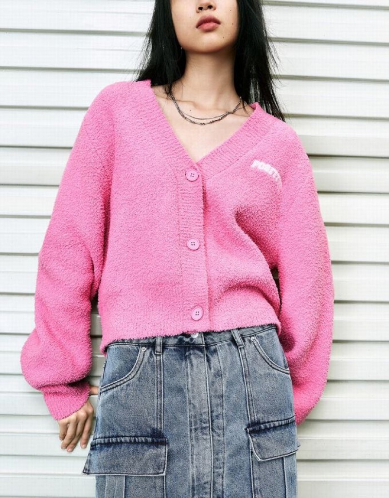 Pink Urban Revivo Letter Embroidered V-Neck Knitted Women's Cardigan | 81076ARCO