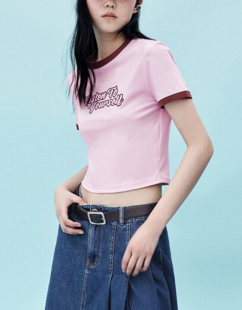 Pink Urban Revivo Letter Printed Crew Neck Regular Women's T-Shirts | 08294YVIU