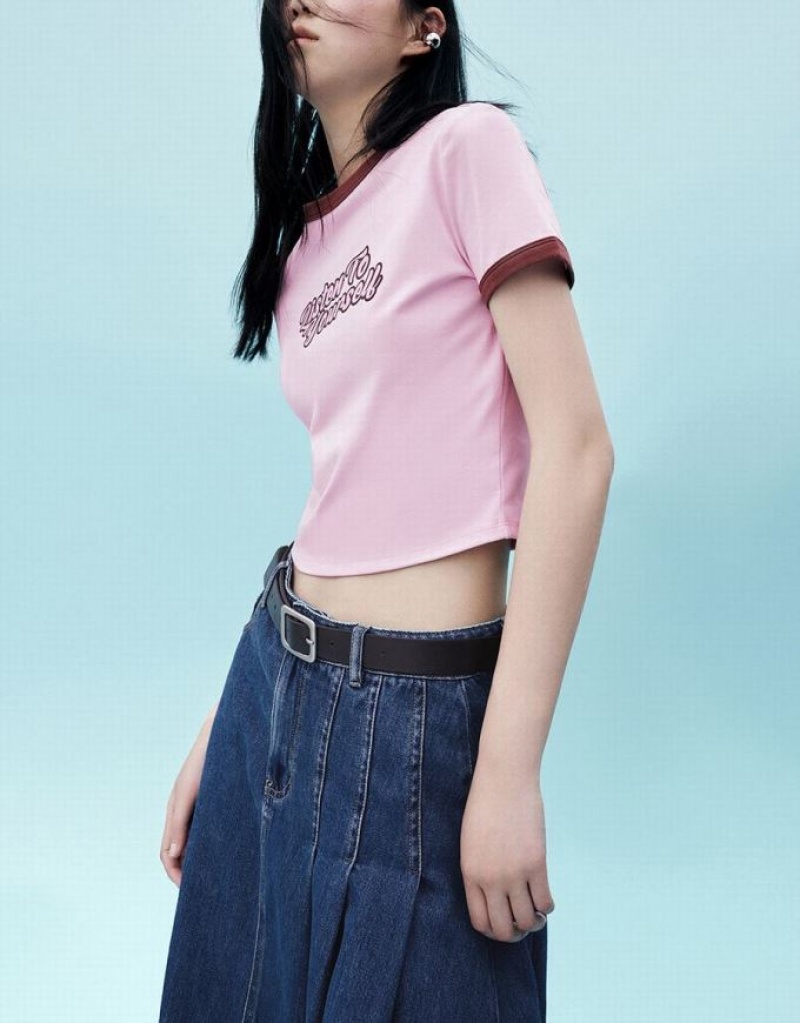 Pink Urban Revivo Letter Printed Crew Neck Regular Women's T-Shirts | 08294YVIU