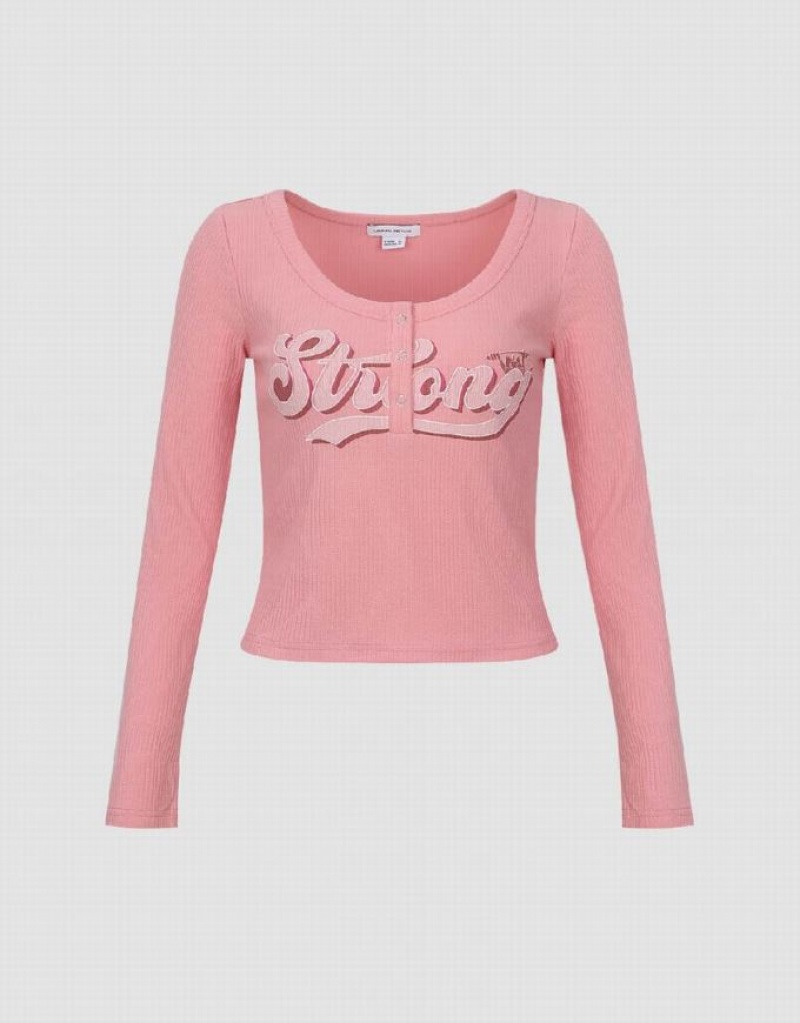 Pink Urban Revivo Letter Printed Crew Neck Skinny Women's T-Shirts | 38710FDPZ