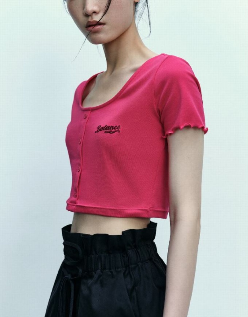 Pink Urban Revivo Lettuce Trim Cuff Skinny Women's T-Shirts | 53714WNKL