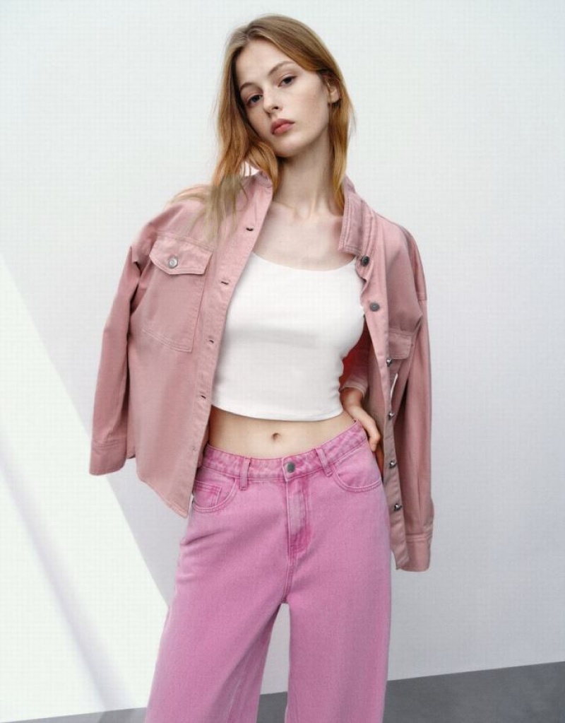 Pink Urban Revivo Loose Denim With Pockets Women's Shirts | 51874KAPC