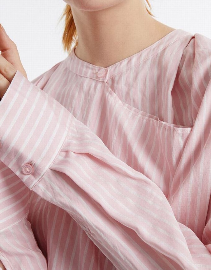 Pink Urban Revivo Oversized Striped Women's Blouse | 34095TXVF