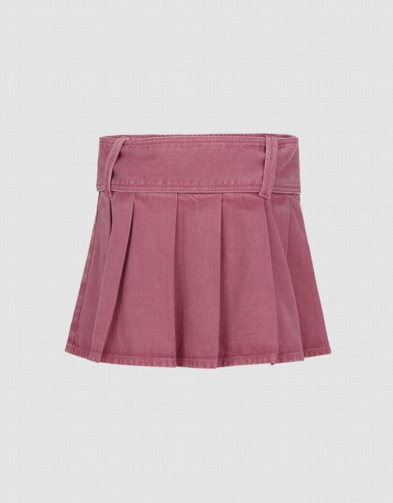 Pink Urban Revivo Pleated Mini A-Line Women's Denim Skirt | 72138VRCE