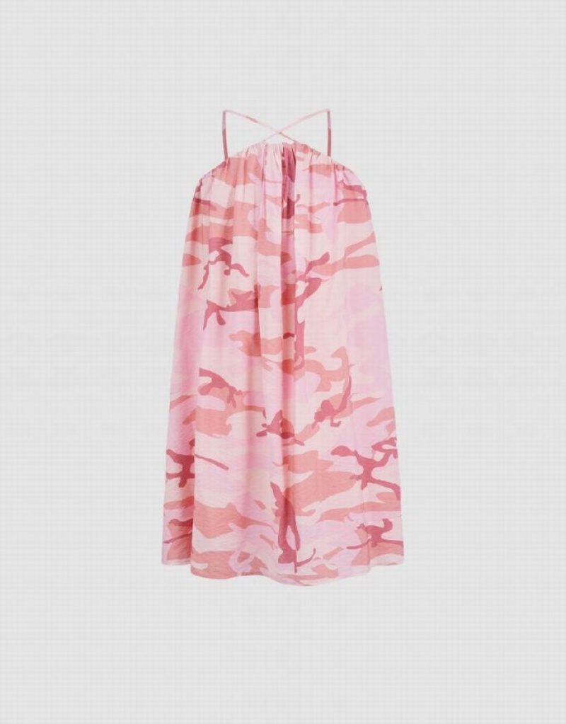 Pink Urban Revivo Printed Sleeveless V-Neck A-Line Women's Dress | 60874OAJD