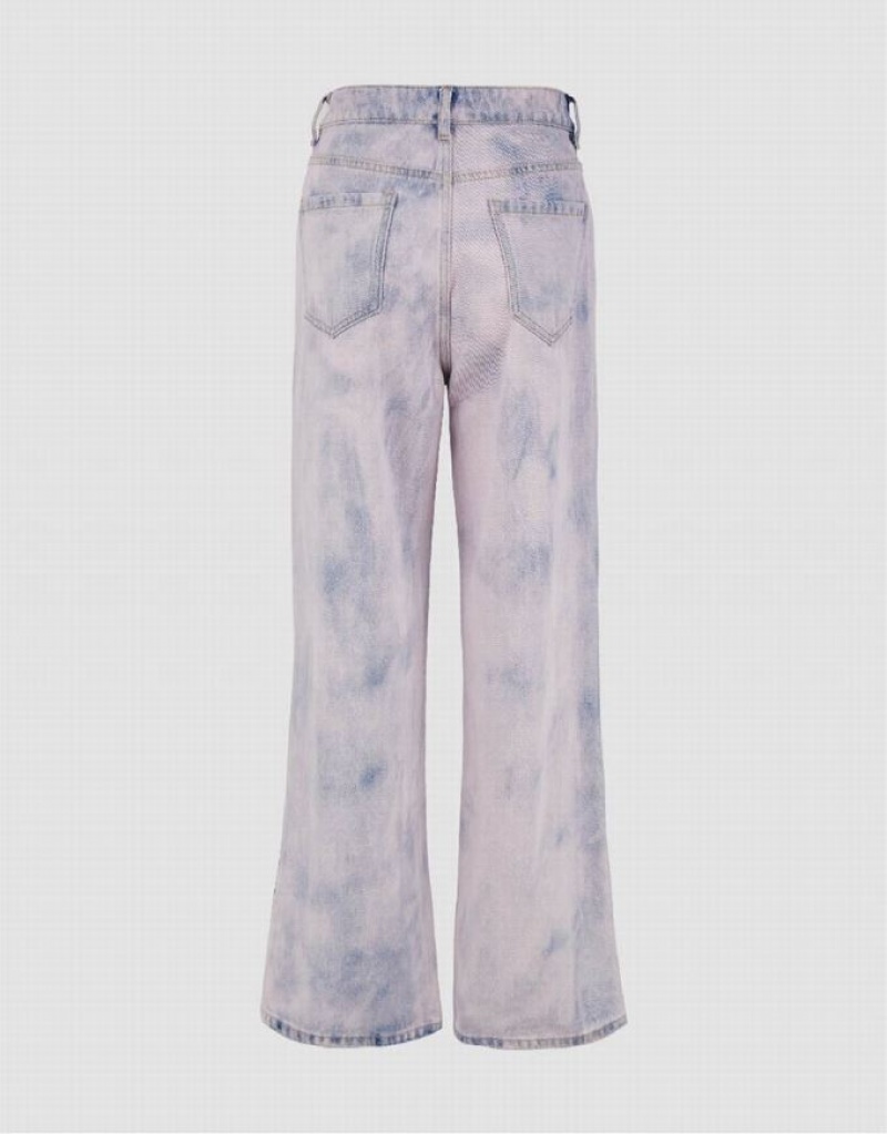 Pink Urban Revivo Printed Wide-Leg Women's Jeans | 83706ZIPB