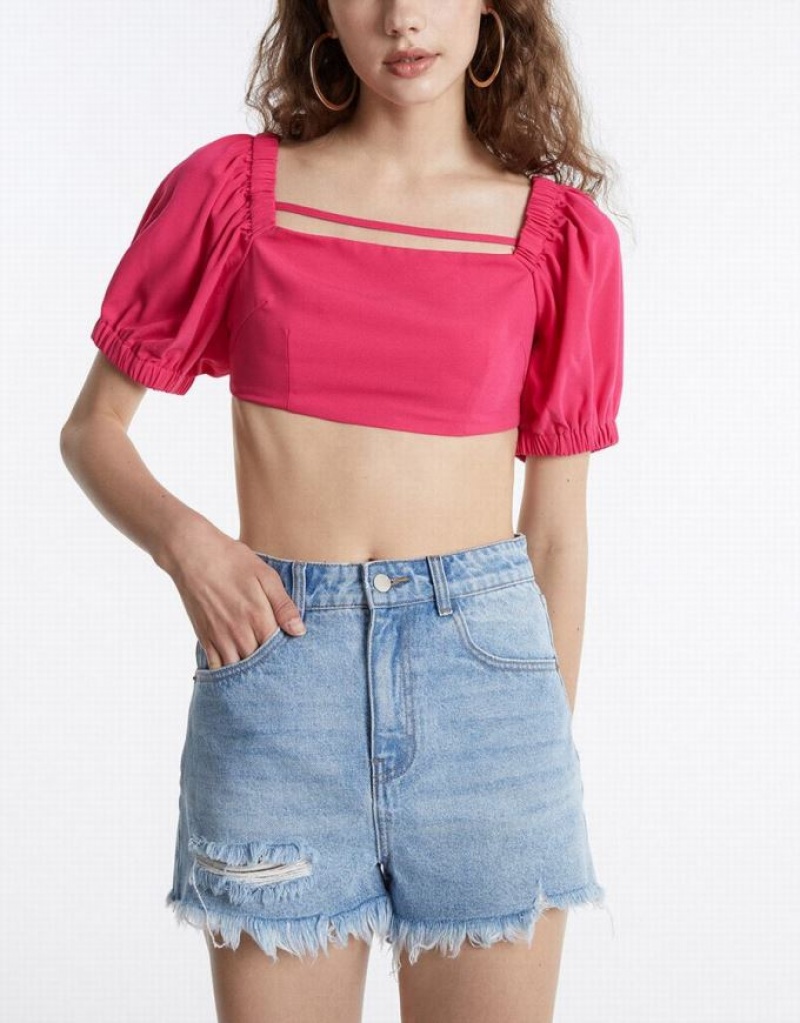 Pink Urban Revivo Puff Sleeve Crop Women's T-Shirts | 41890XPZS