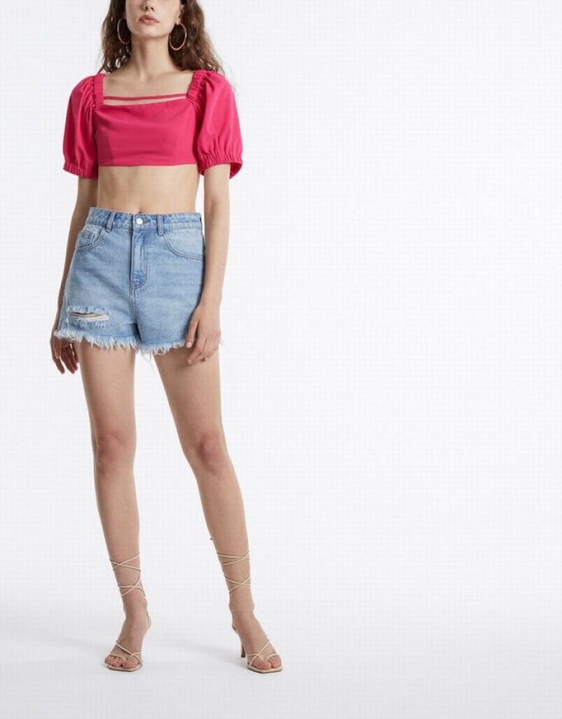 Pink Urban Revivo Puff Sleeve Crop Women's T-Shirts | 41890XPZS