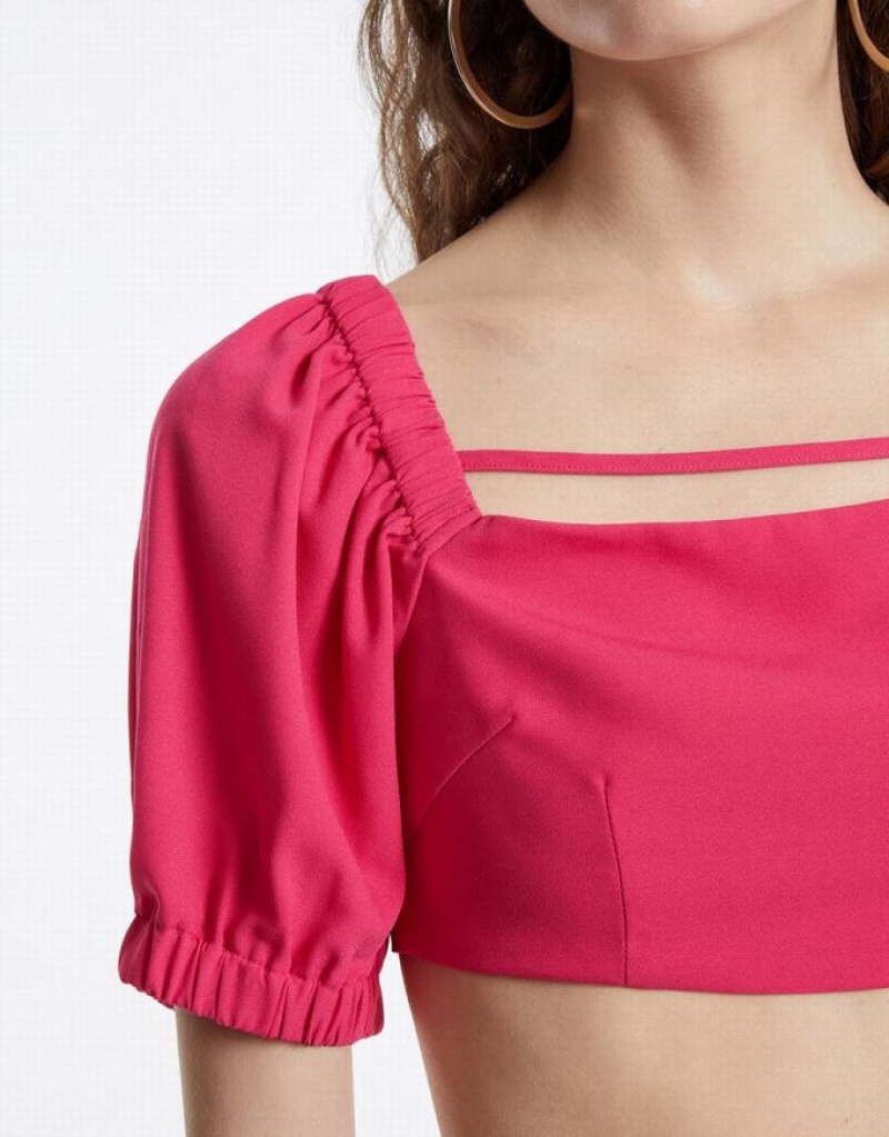 Pink Urban Revivo Puff Sleeve Crop Women's T-Shirts | 41890XPZS