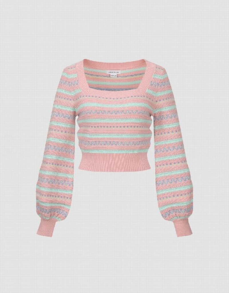 Pink Urban Revivo Puff Sleeve Square-cut Collar Knitted Women's Cardigan | 34657OSIF