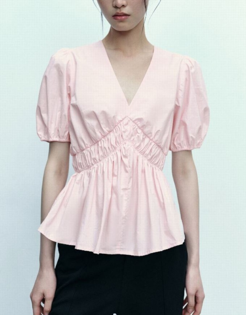 Pink Urban Revivo Puff Sleeve V-Neck Overhead Women's Blouse | 52683SWIP