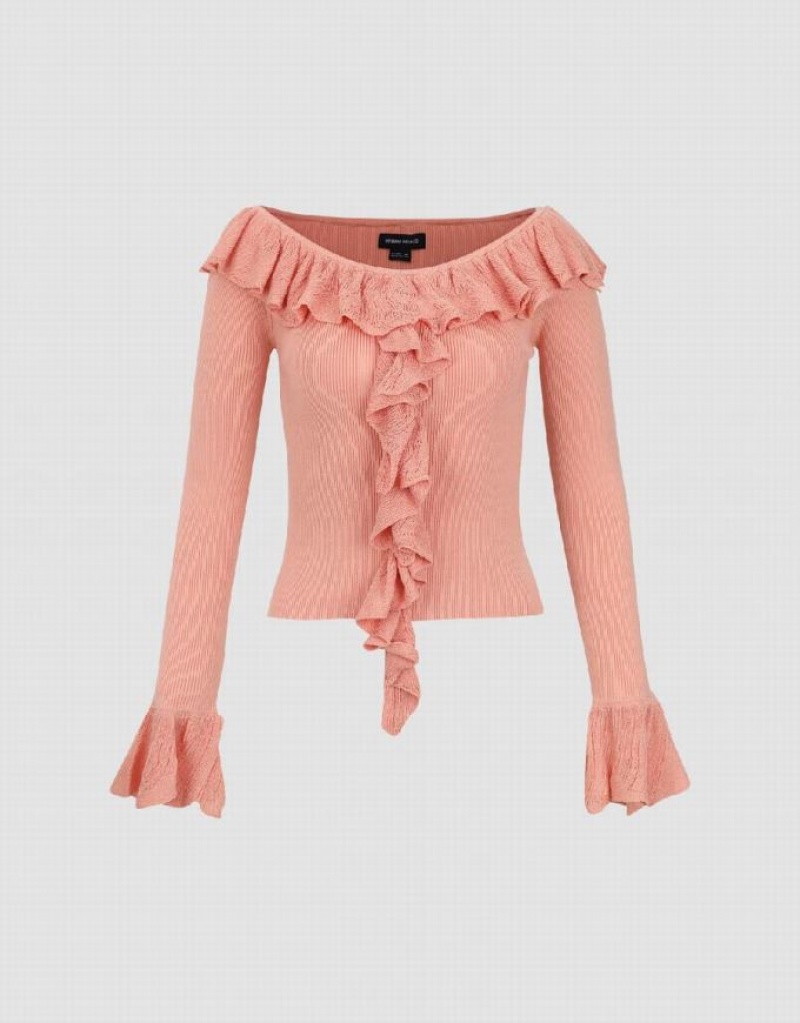 Pink Urban Revivo Raglan Sleeve Ruffle Knitted Women's Cardigan | 73918EUVH