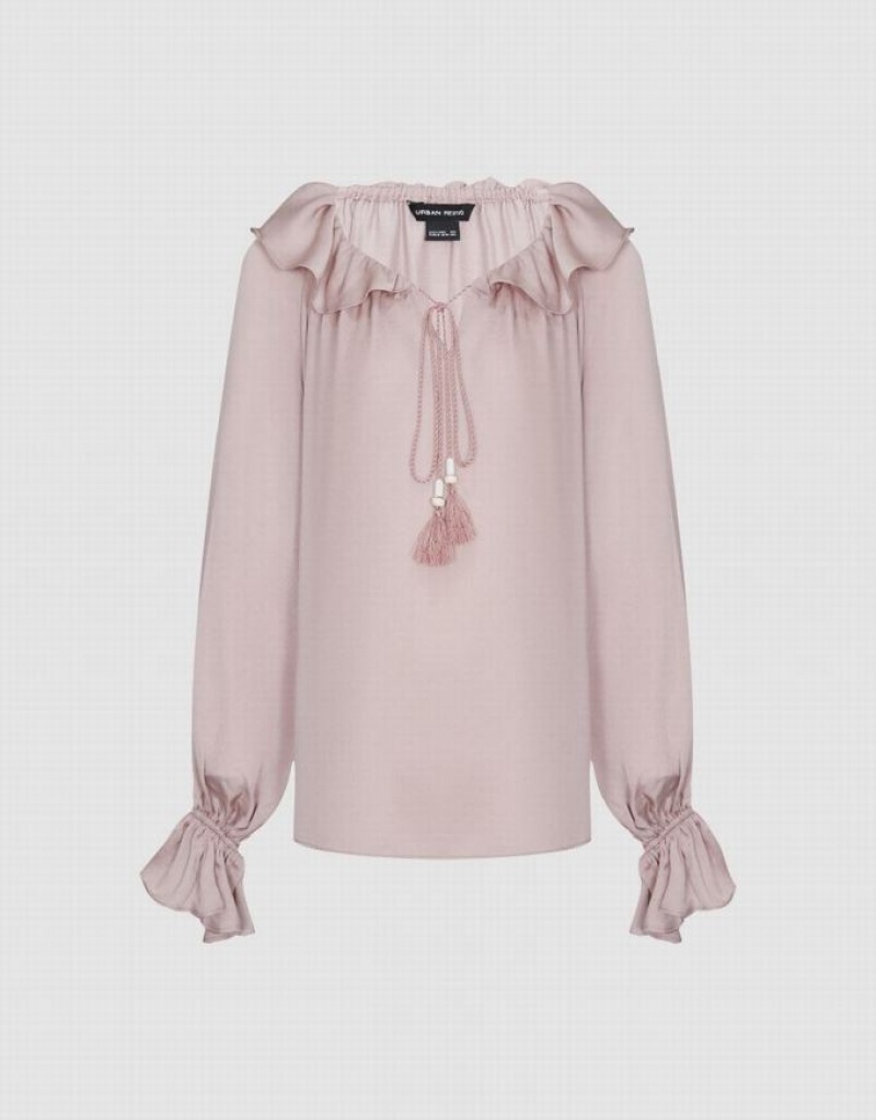 Pink Urban Revivo Raglan Sleeve Ruffle Overhead Women's Blouse | 91568TBXY