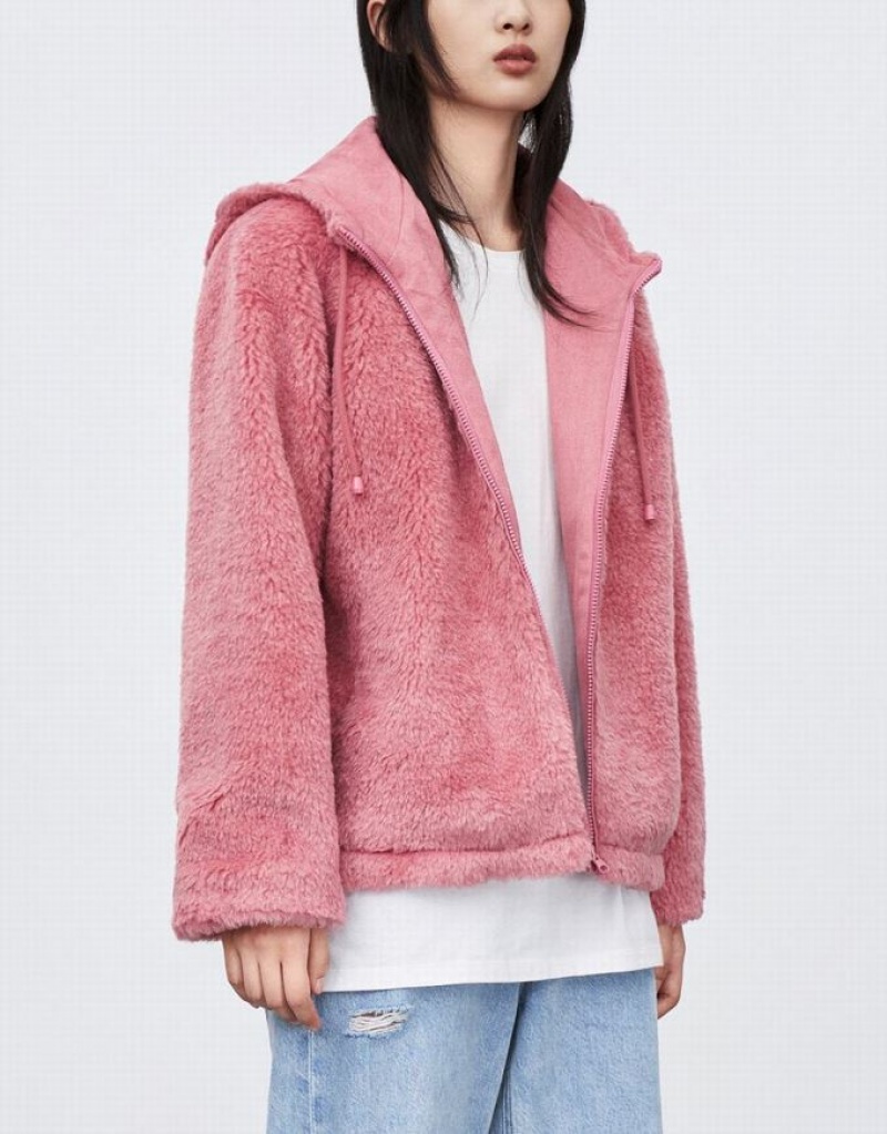 Pink Urban Revivo Raglan Sleeve Zipper Front Furry Women's Jacket | 63105TIZE