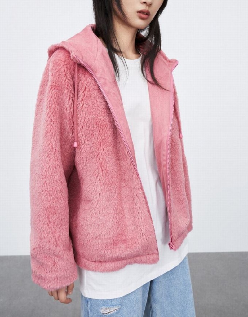 Pink Urban Revivo Raglan Sleeve Zipper Front Furry Women's Jacket | 63105TIZE