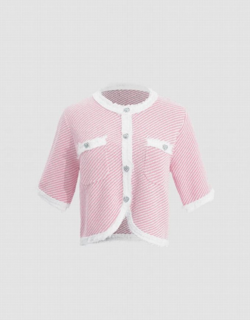 Pink Urban Revivo Raw Hem Crew Neck Knitted Women's Cardigan | 56809OEQD