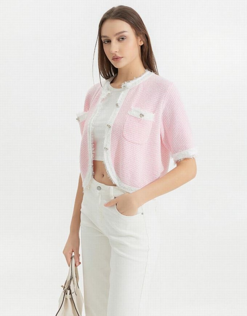 Pink Urban Revivo Raw Hem Crew Neck Knitted Women's Cardigan | 56809OEQD