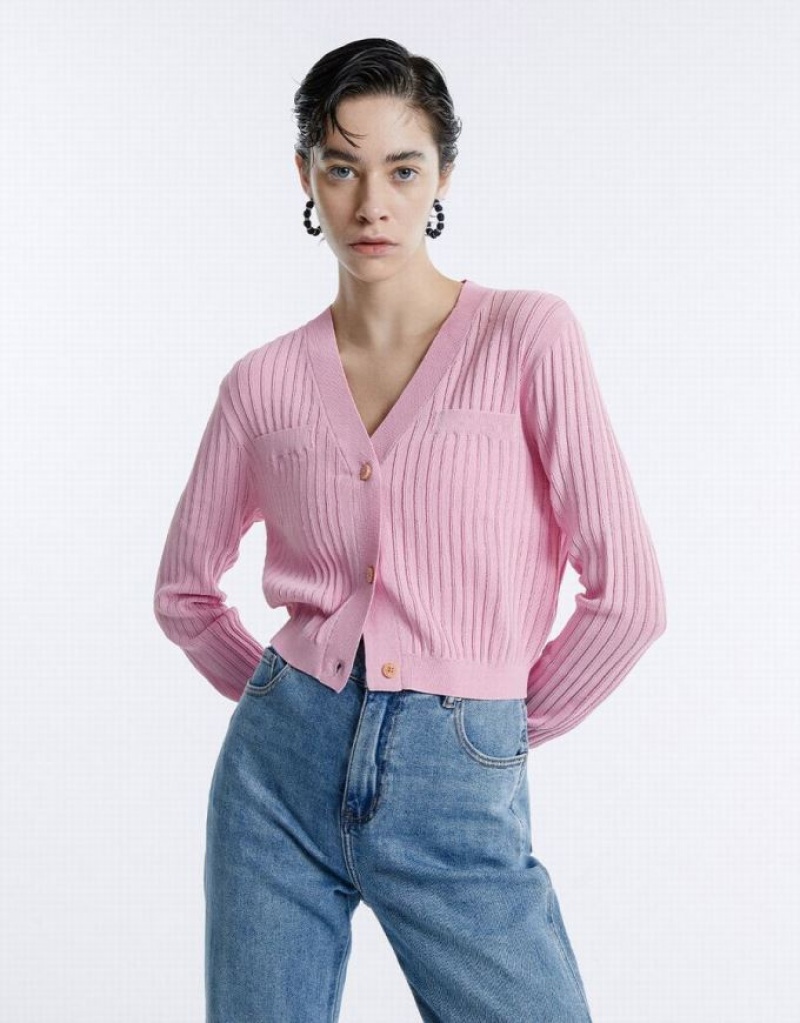 Pink Urban Revivo Rib Knit Cropped Women's Cardigan | 13258MXAV