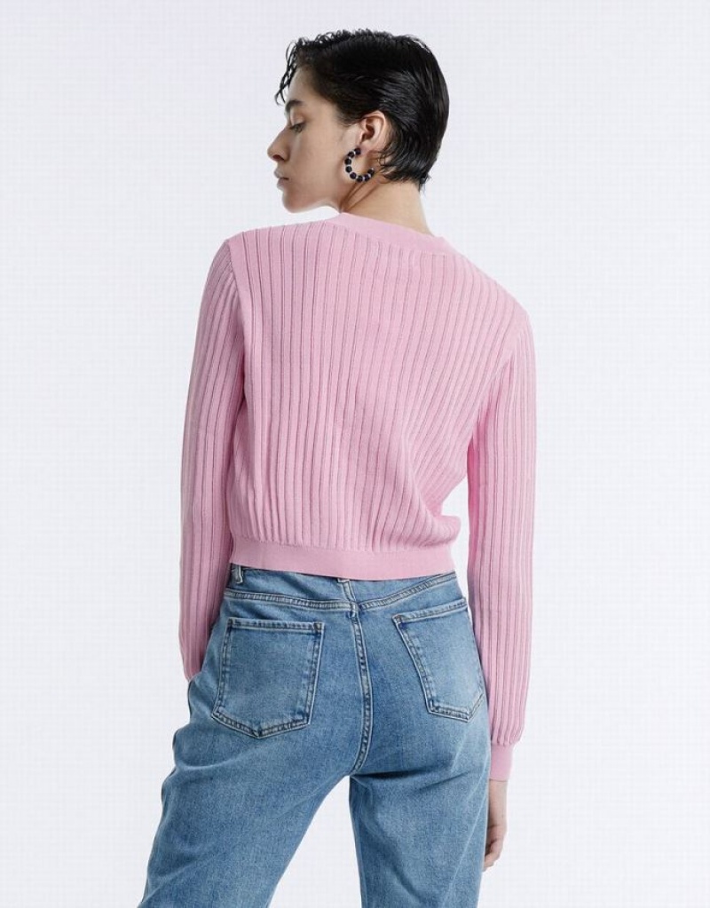 Pink Urban Revivo Rib Knit Cropped Women's Cardigan | 13258MXAV