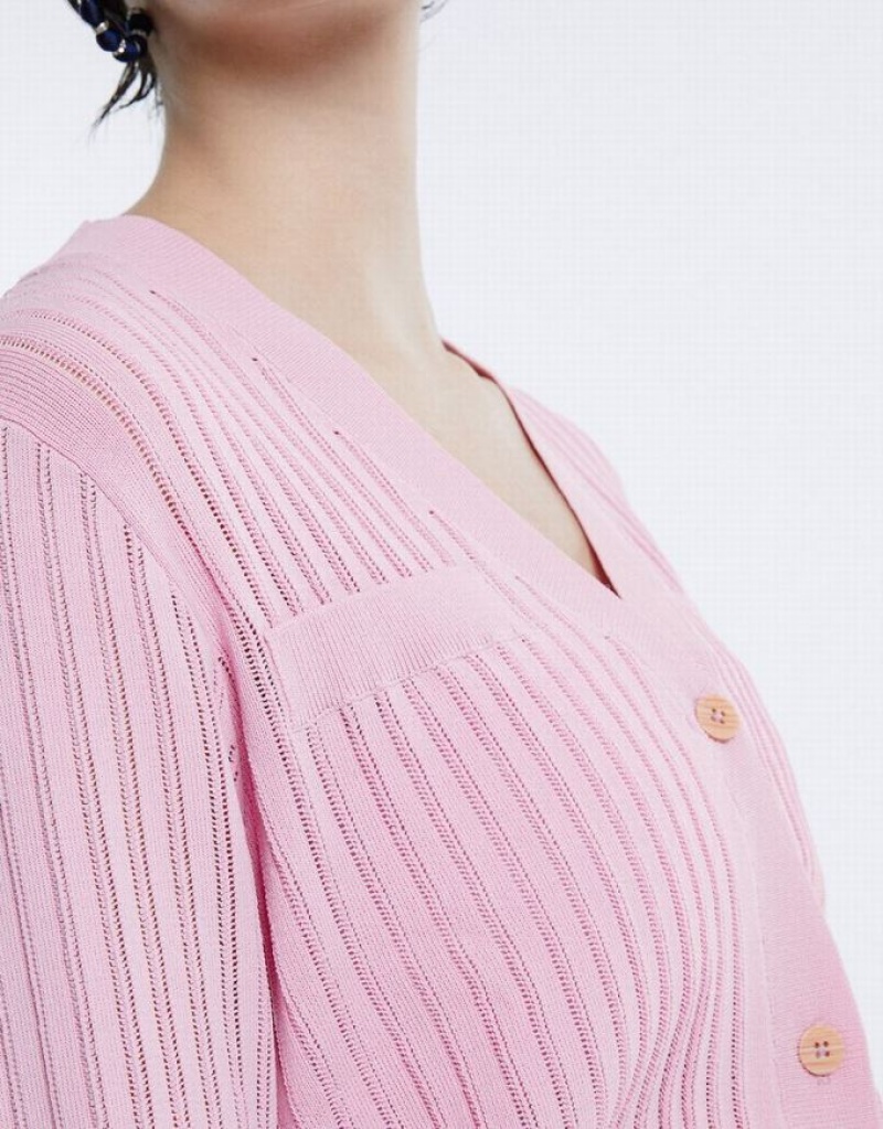 Pink Urban Revivo Rib Knit Cropped Women's Cardigan | 13258MXAV