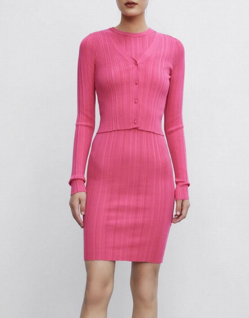 Pink Urban Revivo Ribbed Slinky Bodycon Women's Knitted Dress | 95682VUZA