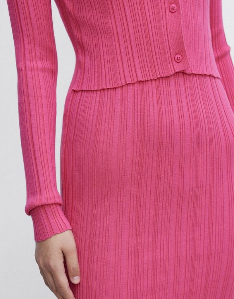 Pink Urban Revivo Ribbed Slinky Bodycon Women's Knitted Dress | 95682VUZA