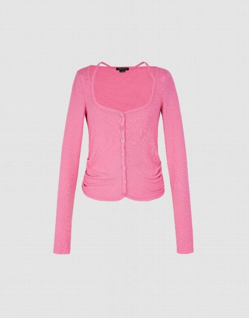 Pink Urban Revivo Ruched Crew Neck Knitted Top Women's Shirts | 30742QYTL