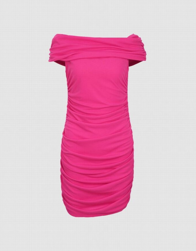 Pink Urban Revivo Ruched Off-Shoulder Straight Women's Dress | 81267XJTW