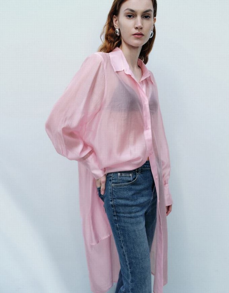 Pink Urban Revivo Sheer Long Straight Women's Shirts | 04239SUQY