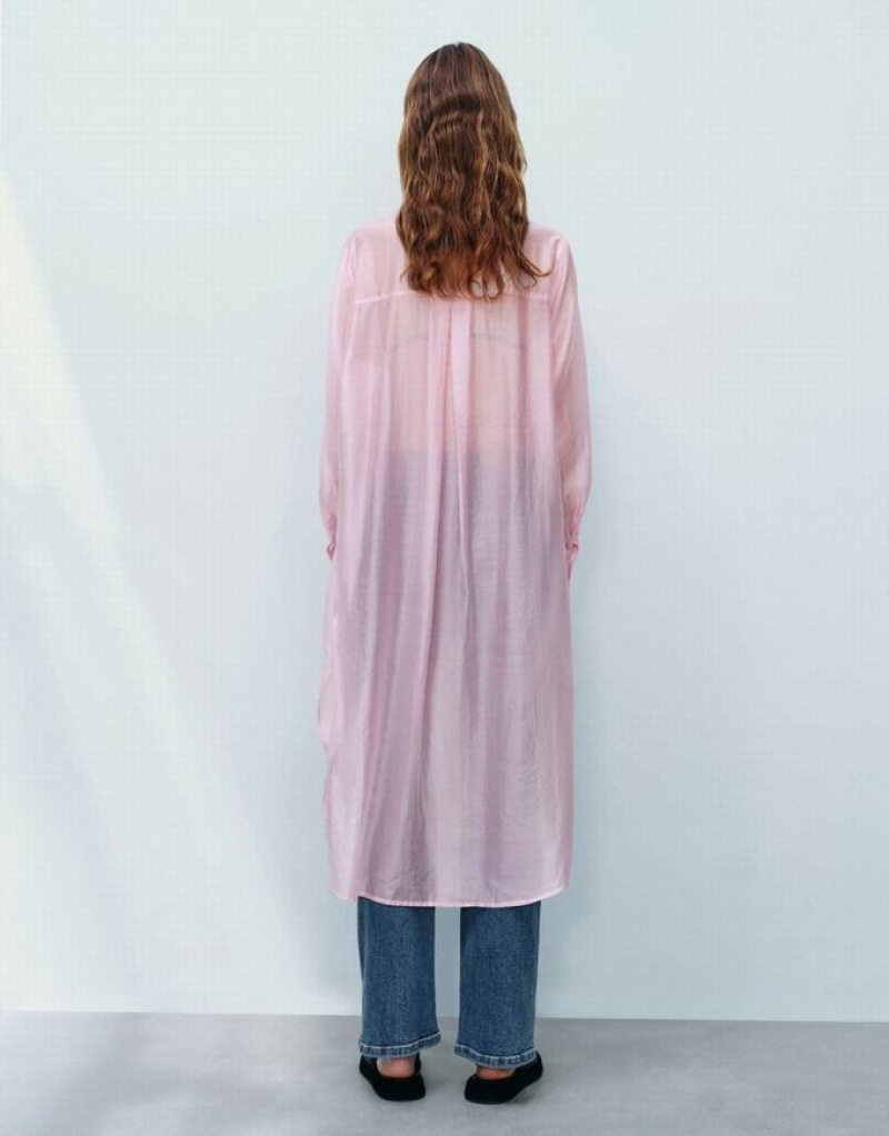 Pink Urban Revivo Sheer Long Straight Women's Shirts | 04239SUQY