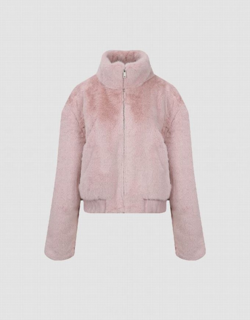 Pink Urban Revivo Stand Collar Straight Furry Women's Coats | 87415ELZV