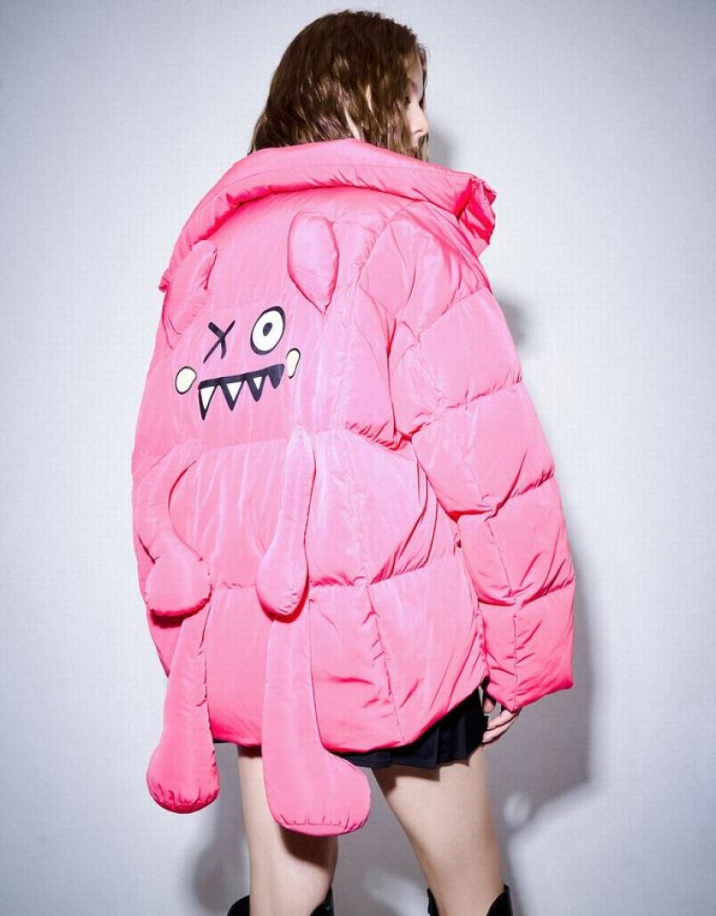 Pink Urban Revivo Stand Collar Women's Puffer Jacket | 91320YXGH