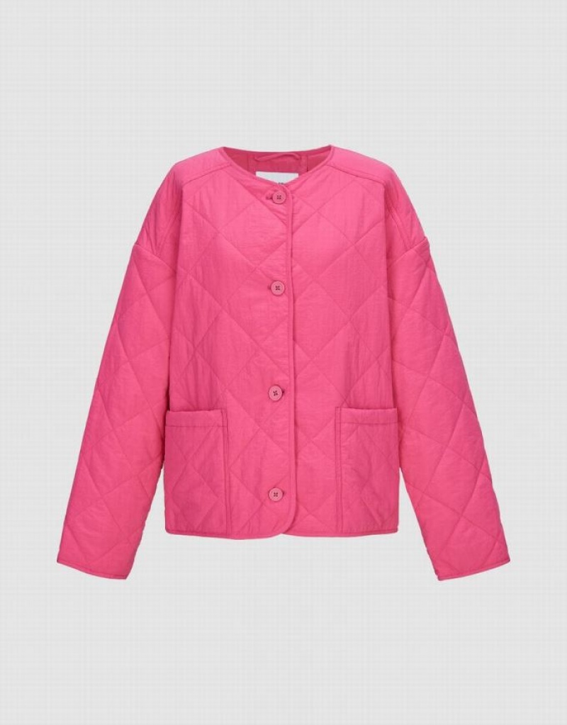 Pink Urban Revivo Standard Sleeve Crew Neck Padded Women's Coats | 83069LUXK