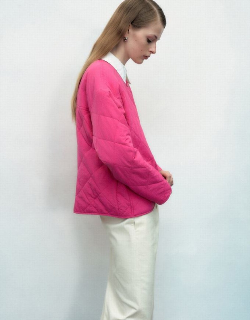 Pink Urban Revivo Standard Sleeve Crew Neck Padded Women's Coats | 83069LUXK