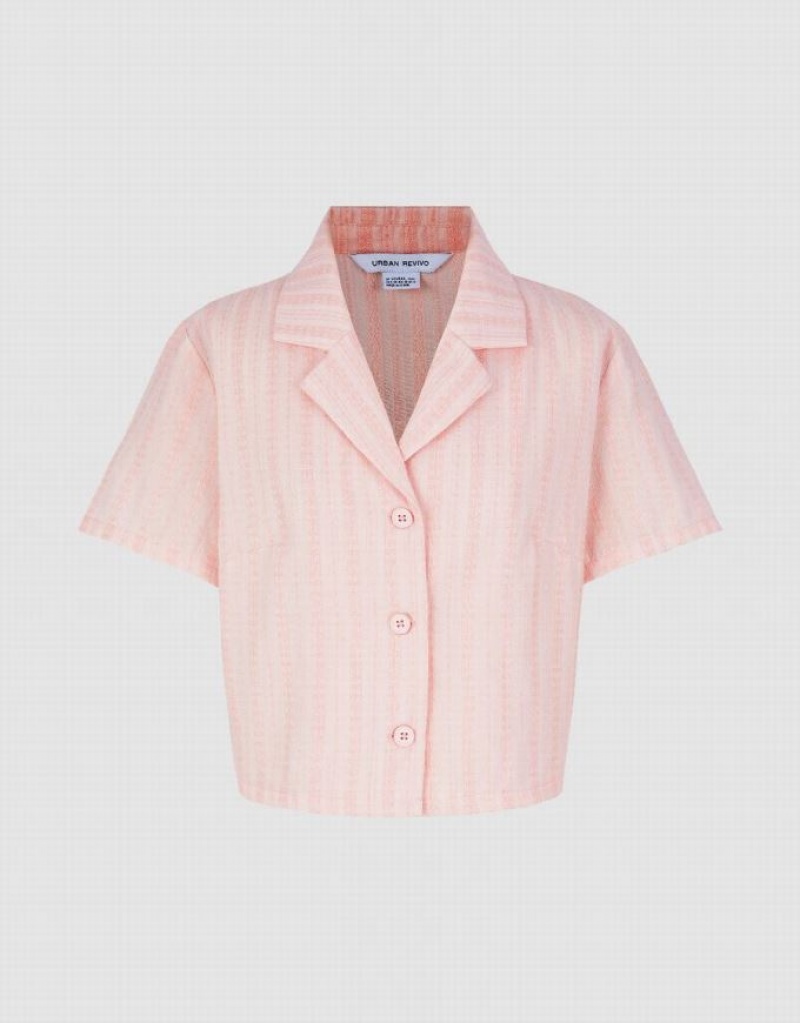 Pink Urban Revivo Textured Lapel Women's Shirts | 15729VNEY