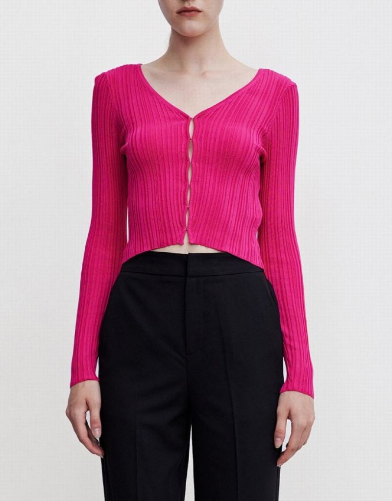 Pink Urban Revivo Textured Rib Knit Women's Cardigan | 51274LXPM