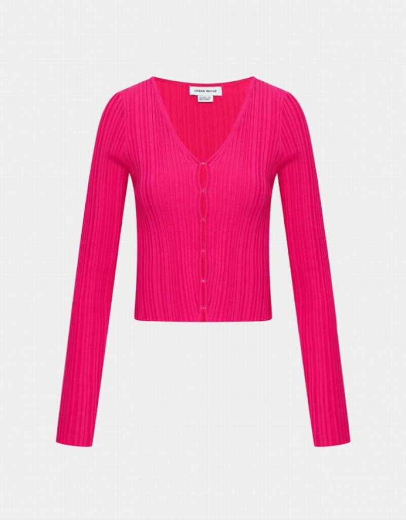 Pink Urban Revivo Textured Rib Knit Women\'s Cardigan | 51274LXPM