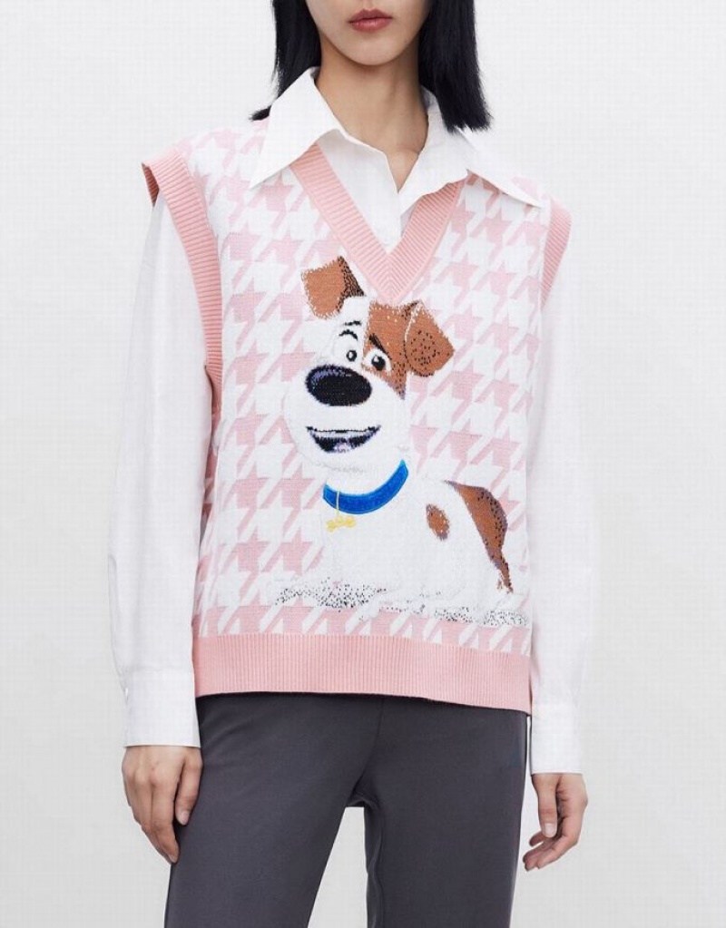 Pink Urban Revivo The Secret Life Of Pets Houndstooth Women's Sweater Vest | 50876VZRW