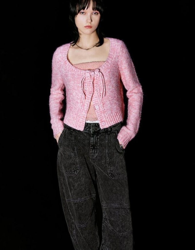 Pink Urban Revivo Tie Front Crew Neck Knitted Women's Cardigan | 68145JKBE