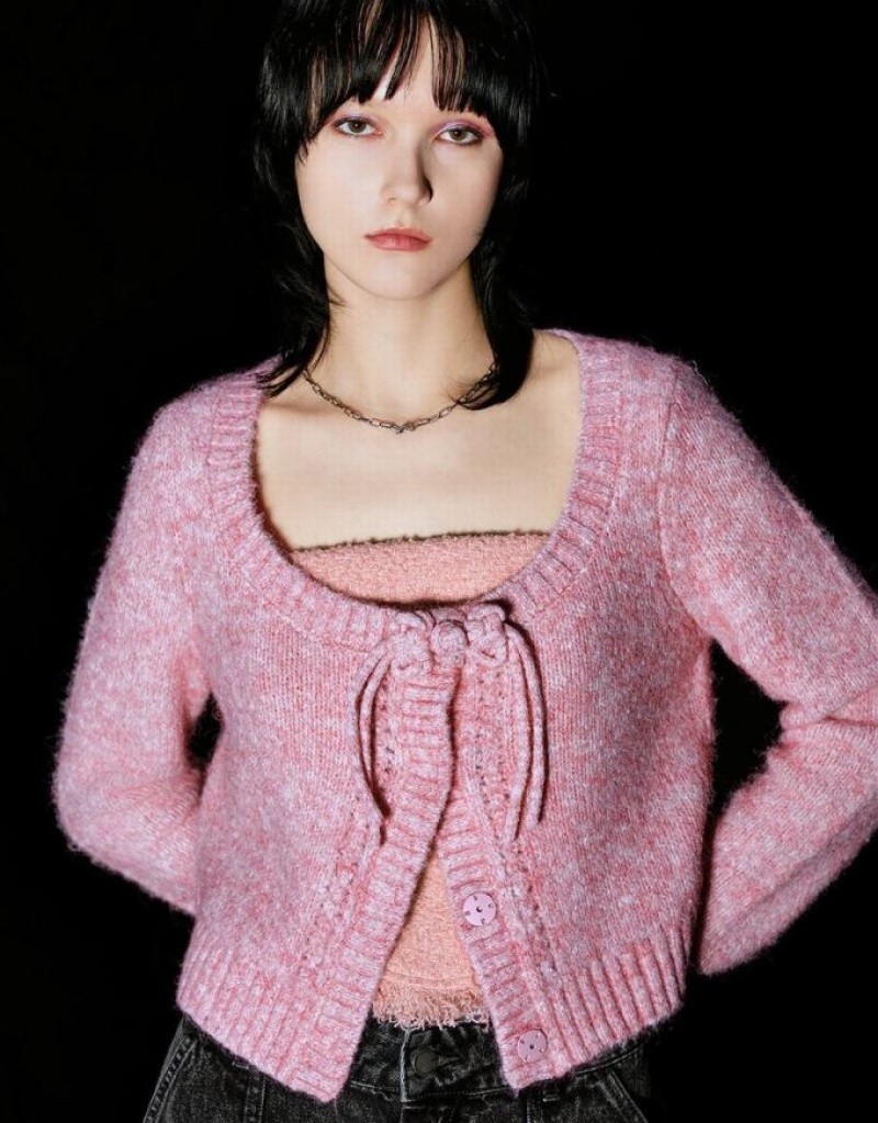 Pink Urban Revivo Tie Front Crew Neck Knitted Women's Cardigan | 68145JKBE