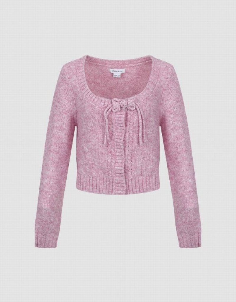 Pink Urban Revivo Tie Front Crew Neck Knitted Women\'s Cardigan | 68145JKBE