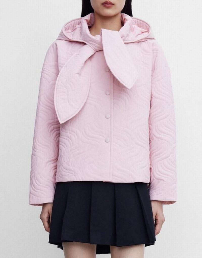 Pink Urban Revivo Tie Front Hooded Textured Winter Women's Coats | 24680WPRZ