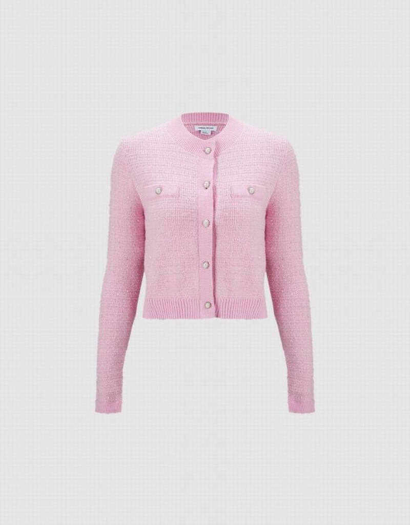 Pink Urban Revivo Tweed Button Up Women\'s Cardigan | 94716OYVP