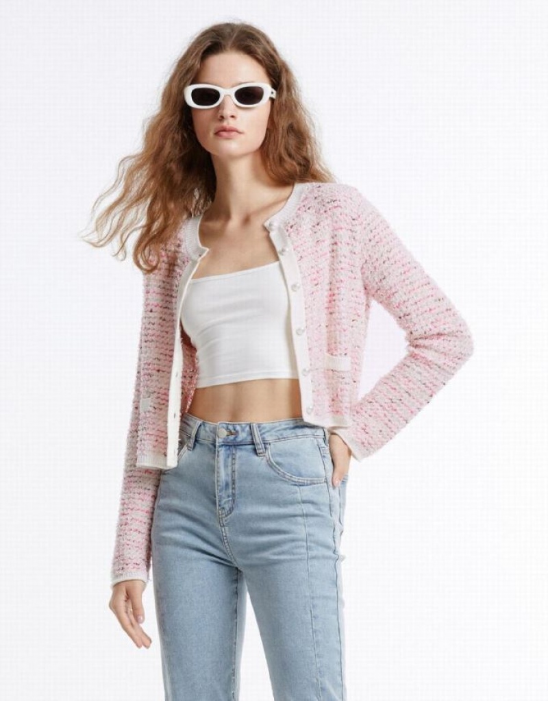 Pink Urban Revivo Tweed Women's Cardigan | 59873LHDE