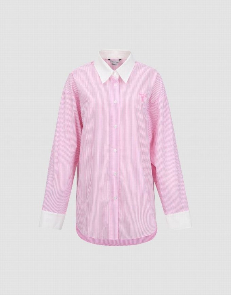 Pink Urban Revivo Two Toned Striped Straight Women's Shirts | 56493KUPR