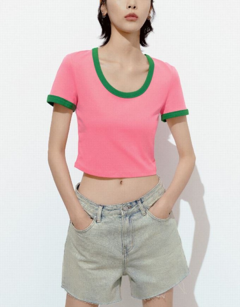 Pink Urban Revivo U Neck Skinny Women's T-Shirts | 21087JBMQ