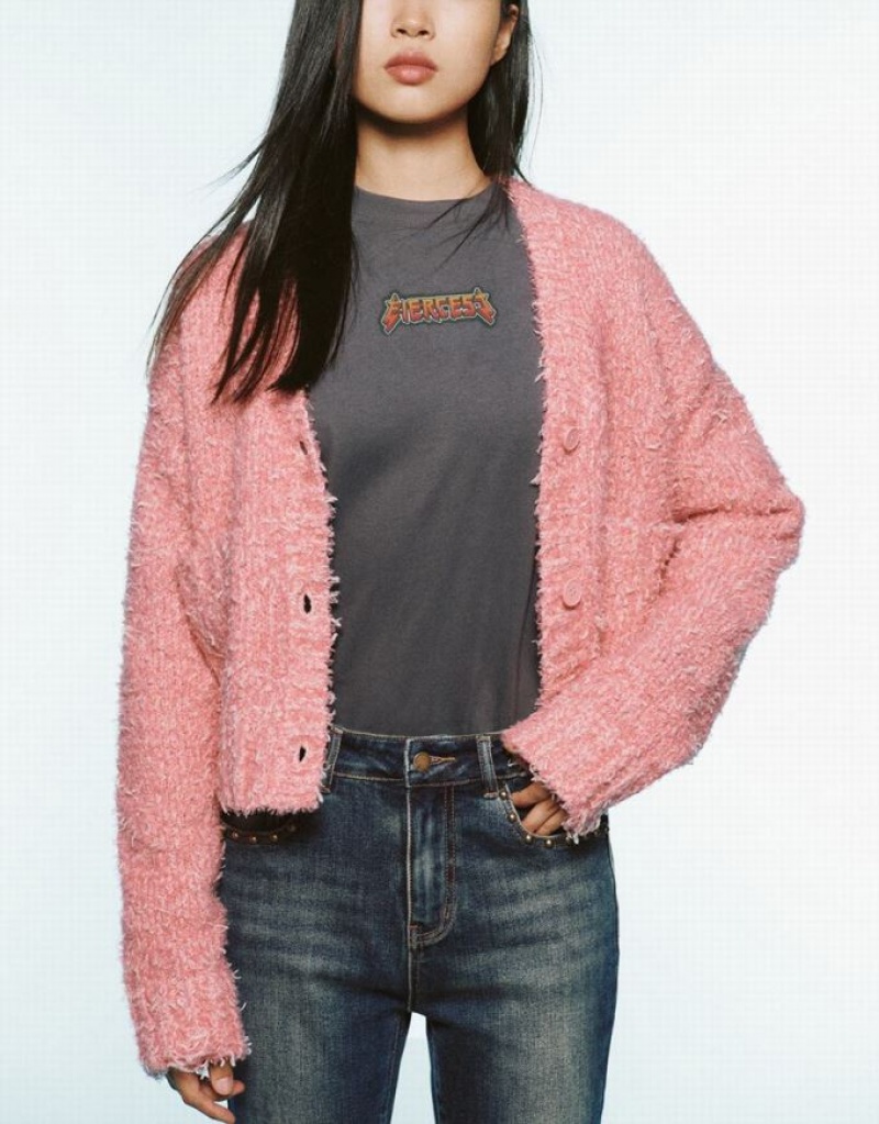 Pink Urban Revivo V-Neck Knitted Women's Cardigan | 84271WOJG